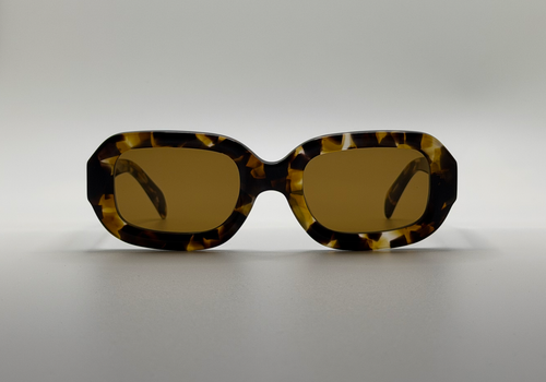 Sunglasses with tortoiseshell frame and brown lenses on a light gray background